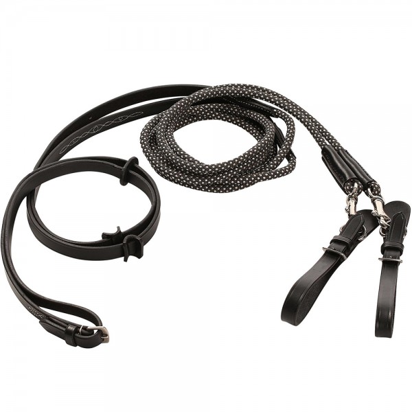 ROMEO HORSE RIDING LEATHER AND ROPE RUNNING REINS - BLACK