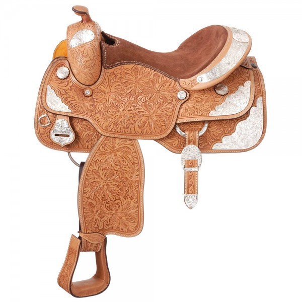 13″ Western Show Saddle Light Oil Tan Floral Tooling Full QH Bars + Matching Double Ear Silver Ferrule 3 Piece Tack Set